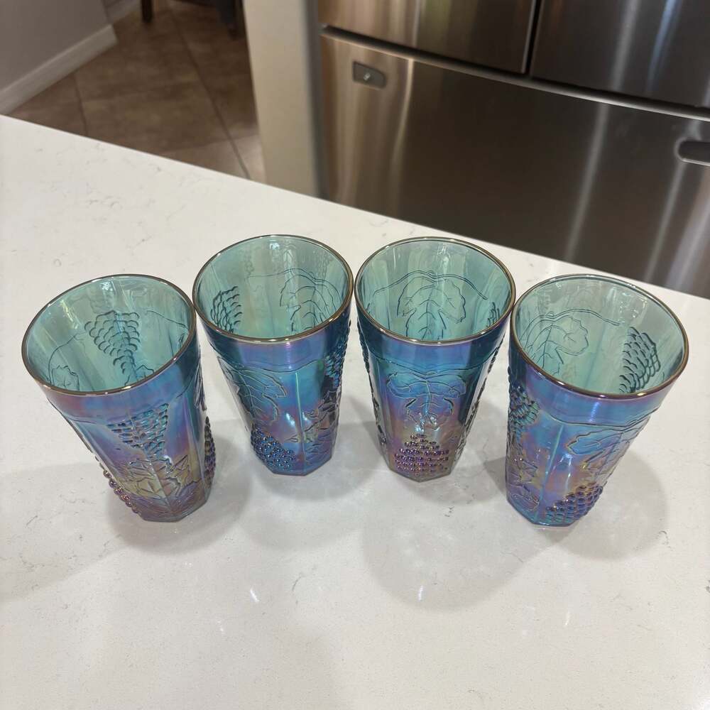Vintage Indiana Iridescent Blue Carnival Glass Grape Pattern Tumblers Set of 4 - Picture 5 of 8
